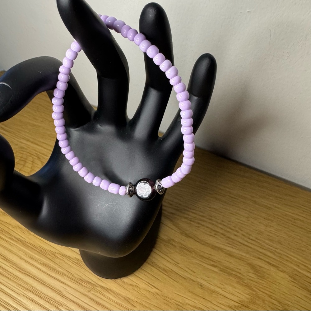 Glass Beaded Elastic Bracelet Lilac Millefiori Glass Coin